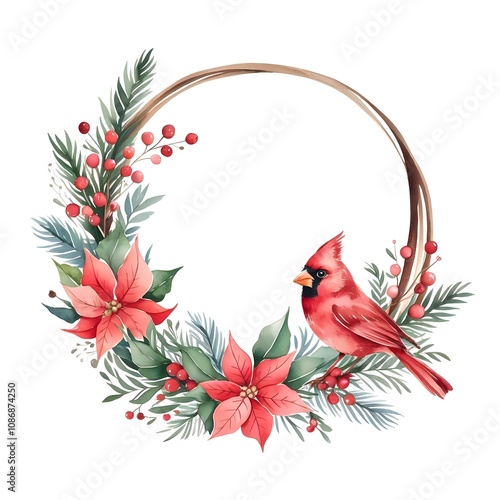 Watercolor illustration of a circular wreath frame, bird, poinsettias, pine branches, and red berries, festive charm and elegance .Christmas