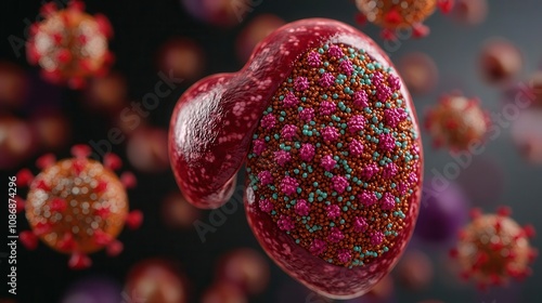 3D Virus Disease: Enlarged liver with visible virus particles, hepatitis infection, 3D illustration photo