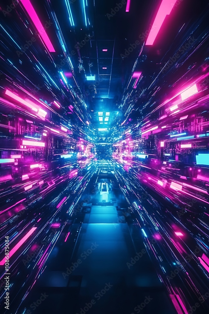 Futuristic Digital Corridor with Neon Lights and Glowing Particles Creating a Sense of Motion and Technology in a Sci-Fi Inspired Environment Futuristic Digital Corridor with Neon Lights and Glowing Particles Creating a Sense of Motion and Technology in a Sci-Fi Inspired Environment