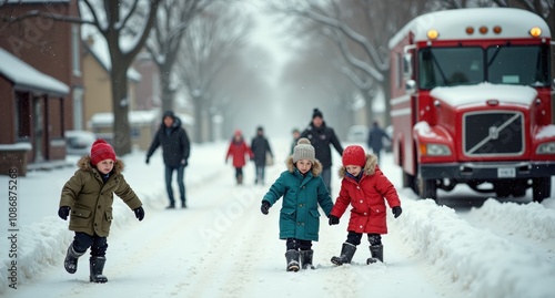 A snowy suburban street alive with winter fun, children in colorful coats throwing snowballs, building forts, and a retro milkman delivering bottles from a vintage truck.   photo