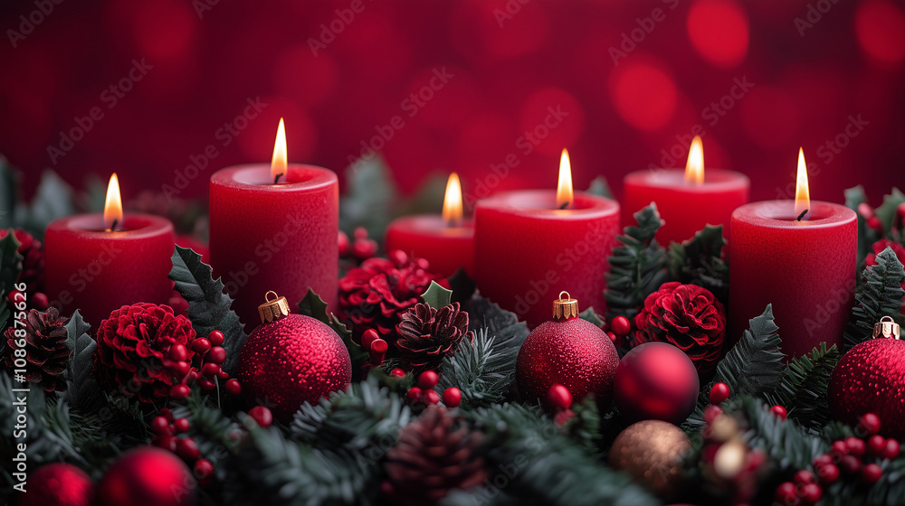 Festive Christmas Candles with Red Holiday Decorations