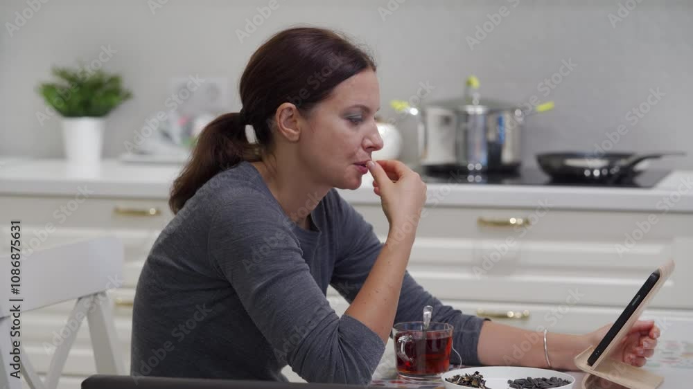 Adult 44 year old woman cracks fried sunflower seeds in the kitchen at home. Focused face of woman snacking and reading news on a smartphone screen. Adult 44 year old woman cracks fried sunflower seeds in the kitchen at home. Focused face of woman snacking and reading news on a smartphone screen.