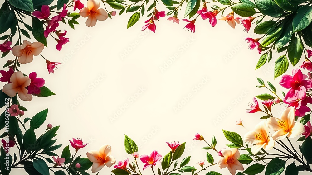 A Delicate Floral Frame with Pink and White Blossoms and Lush Green Foliage, Ideal for Adding a Touch of Spring to Your Designs A Delicate Floral Frame with Pink and White Blossoms and Lush Green Foliage, Ideal for Adding a Touch of Spring to Your Designs