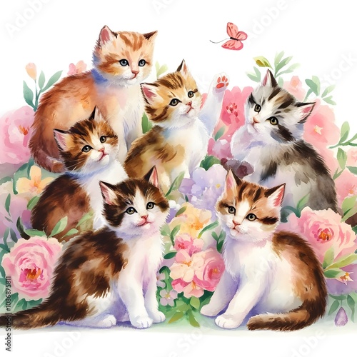 Cute watercolor featuring six playful kittens in a variety of colors sitting among lush pastel flowers