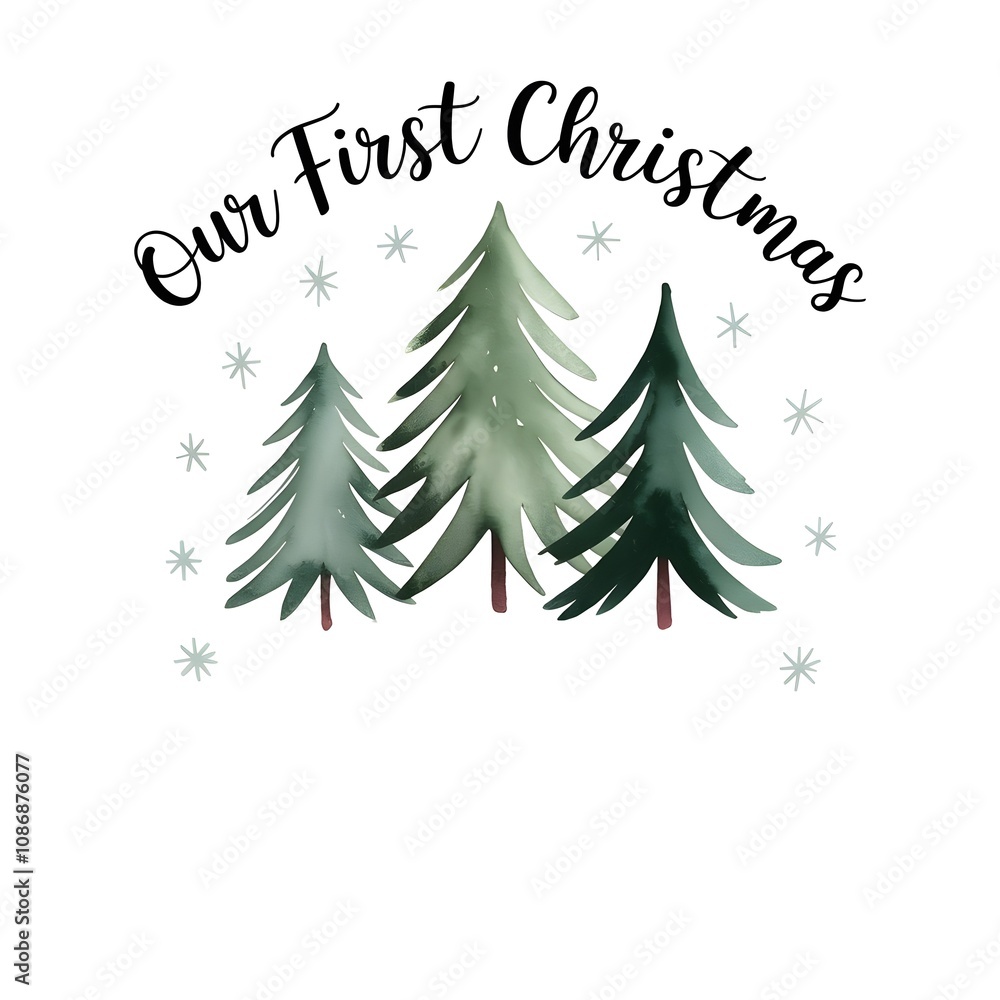 Fototapeta premium Watercolor illustration Christmas green trees. Three distinct trees are arranged, sentimental keepsake. heartwarming gift card