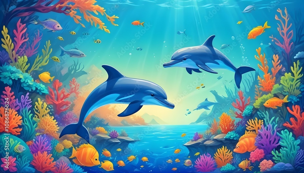 Photo a cartoon scene of a tropical sea with a dolphin,Shark and fish Photo a cartoon scene of a tropical sea with a dolphin,Shark and fish