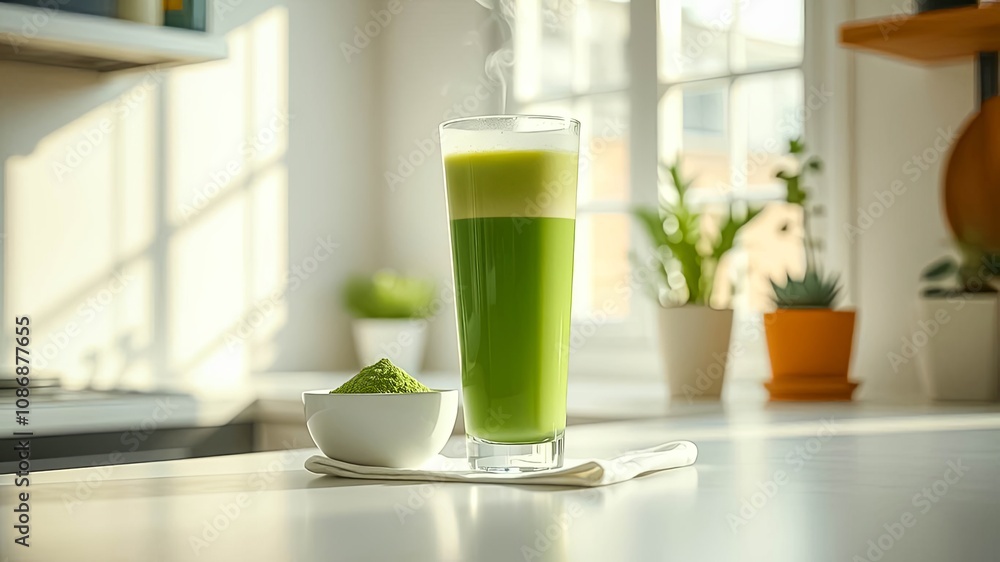 A steaming cup of green tea with a bowl of matcha powder in a bright kitchen with natural light A steaming cup of green tea with a bowl of matcha powder in a bright kitchen with natural light