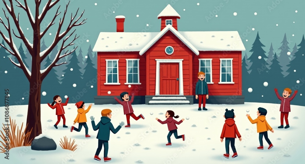 A bright red schoolhouse covered in snow, children tossing snowballs and playing joyfully in the yard during recess as a teacher looks on from the steps. A bright red schoolhouse covered in snow, children tossing snowballs and playing joyfully in the yard during recess as a teacher looks on from the steps.