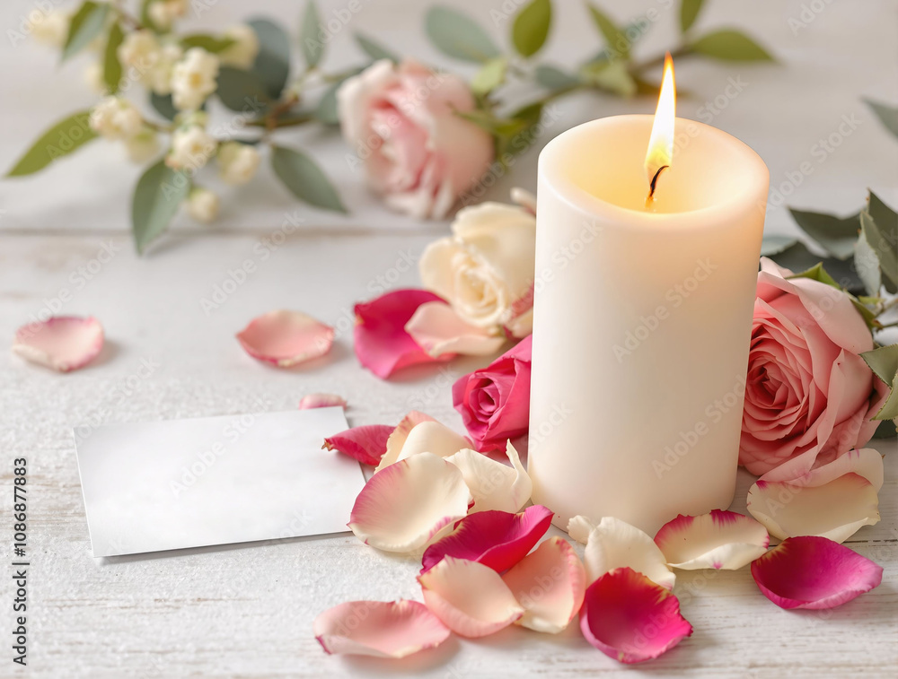 A single, burning candle sits amidst a scattering of rose petals, creating a serene and romantic atmosphere. A single, burning candle sits amidst a scattering of rose petals, creating a serene and romantic atmosphere.