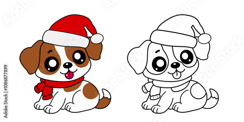 dog with santa claus hat. Animal outline illustration. Coloring page outline of cute animals. Animals tracing worksheet. Kindergarten and preschool activity