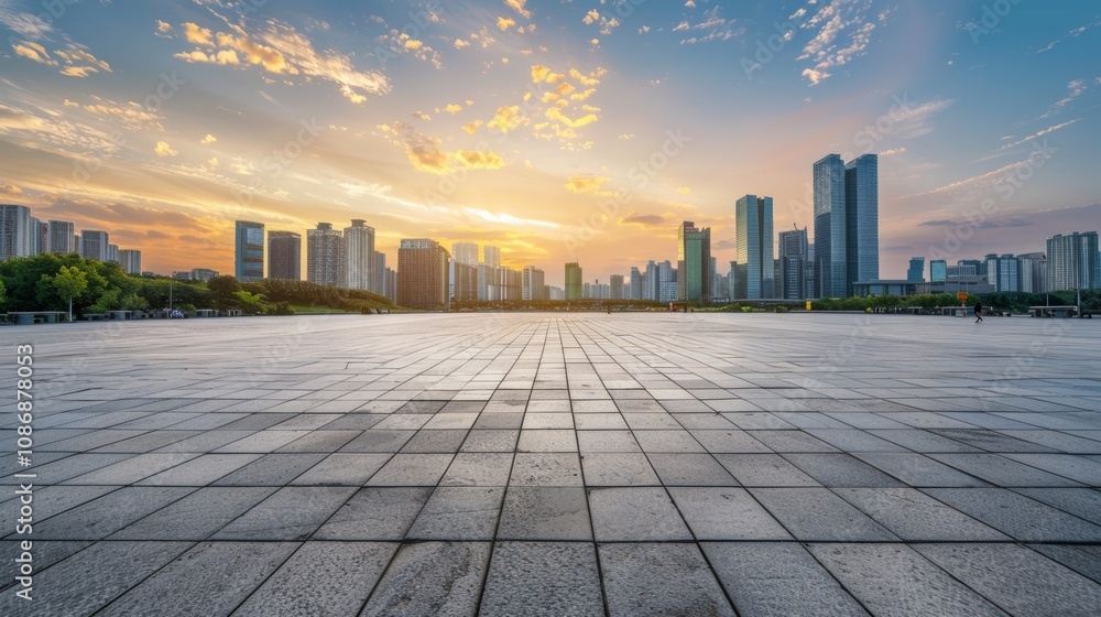 Empty square floor with city skyline background, Neighborhood Regeneration Program, noon Empty square floor with city skyline background, Neighborhood Regeneration Program, noon