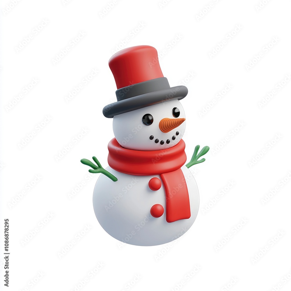 Adorable 3D Rendered Snowman with Red Scarf and Top Hat - Winter Holiday Festive Character Adorable 3D Rendered Snowman with Red Scarf and Top Hat - Winter Holiday Festive Character