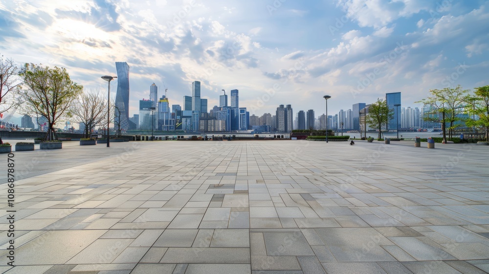Empty square floor with city skyline background, Neighborhood Regeneration Program, noon Empty square floor with city skyline background, Neighborhood Regeneration Program, noon