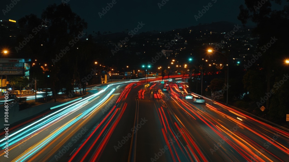 Busy urban highway with colorful light streaks from passing cars Busy urban highway with colorful light streaks from passing cars