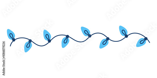 Hand drawn illustration of blue Christmas lights for creating festive designs. Decorative border