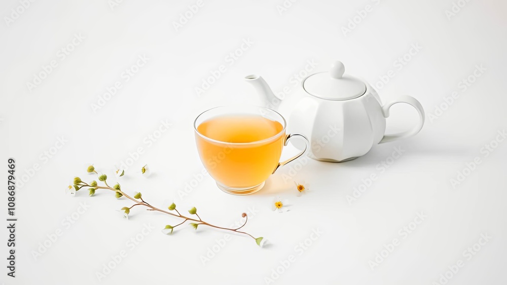 A cup of tea with a teapot and delicate white flowers on a simple white background. A cup of tea with a teapot and delicate white flowers on a simple white background.