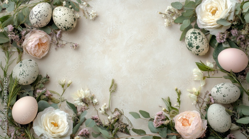 Spring display featuring fresh flowers, green foliage, and pastel eggs on a light beige background. Bird's eye view with space for Easter greetings or announcements. Horizontal social media post Spring display featuring fresh flowers, green foliage, and pastel eggs on a light beige background. Bird's eye view with space for Easter greetings or announcements. Horizontal social media post