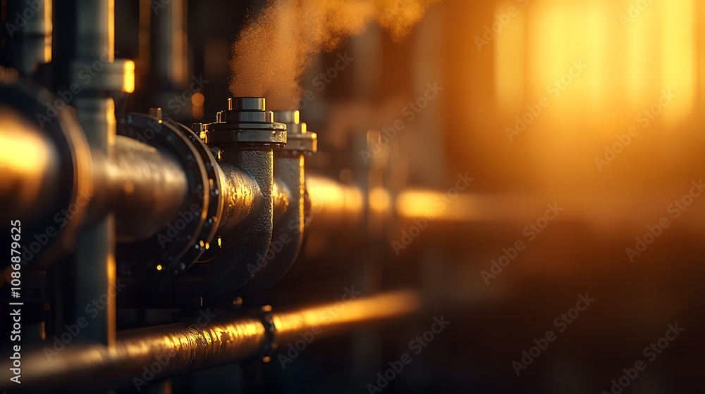 Fototapeta premium Engines of Energy: Hot Steam Rising from Industrial Pipes at Sunset in a Dynamic Refinery Setting. Fuel Processing Technology Concept