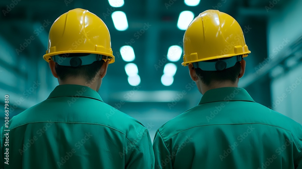 Engineers in Yellow Hard Hats Assessing a Biofuel Facility with High-tech Atmosphere. Fuel Processing Technology Concept Engineers in Yellow Hard Hats Assessing a Biofuel Facility with High-tech Atmosphere. Fuel Processing Technology Concept