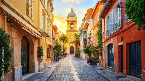 Fototapeta Naklejka Na Ścianę i Meble -  Old stone streets leading to a historic church at sunset