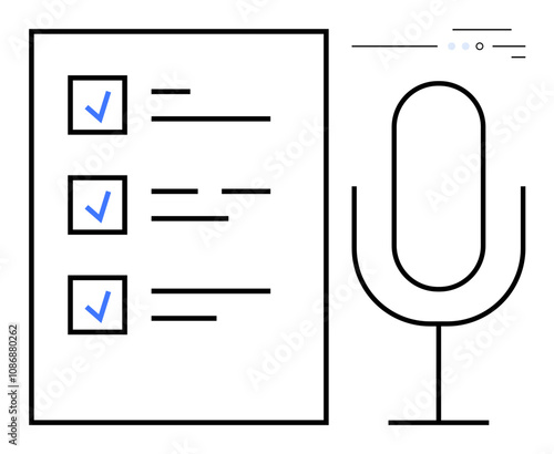 Checklist with blue checkmarks for podcast recording tasks beside a black microphone icon. Ideal for content creation, organization, productivity, task management, podcast planning, creative