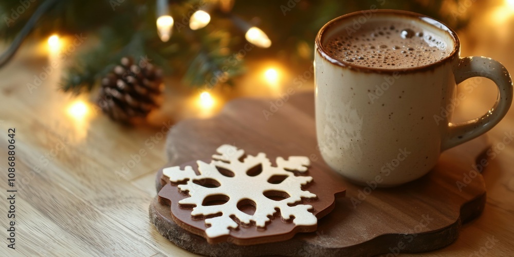 Close-up of a snowflake-shaped coaster placed under a hot mug of cocoa, with holiday lights in the background adding a warm, festive glow. Close-up of a snowflake-shaped coaster placed under a hot mug of cocoa, with holiday lights in the background adding a warm, festive glow.