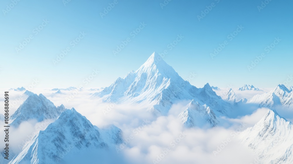 A majestic snow-covered mountain range with the highest peak reaching into the clouds, surrounded by other mountains, and viewed from an aerial perspective A majestic snow-covered mountain range with the highest peak reaching into the clouds, surrounded by other mountains, and viewed from an aerial perspective
