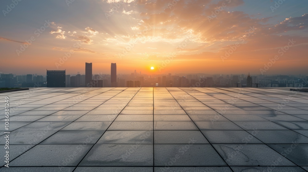 Fototapeta premium Empty square floor with city skyline background, Community Supportive Housing Program, dusk