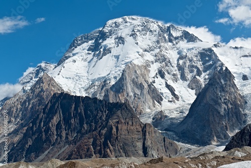 The view from the Concordia camp, located on the Baltoro glacier, on Broad Peak 8,051 meters high. Karakoram Mountains. Gilgit-Baltistan region. Pakistan. Asia.