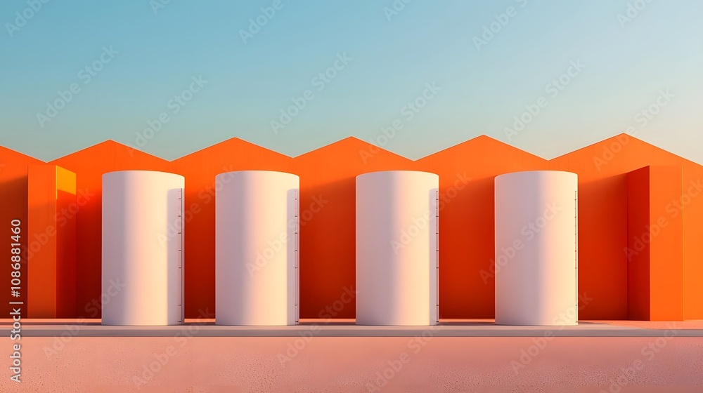 Sleek and Contemporary Fuel Storage Facility Surrounded by Vibrant Orange Architectural Design Elements. Fuel Processing Technology Concept Sleek and Contemporary Fuel Storage Facility Surrounded by Vibrant Orange Architectural Design Elements. Fuel Processing Technology Concept