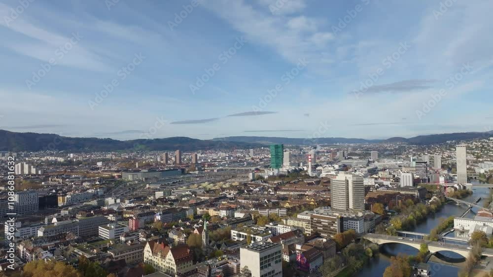 Aerial view of Swiss City of Zürich with skyline Limmat River and Limmat Valley on an autumn morning. Movie shot November 18th, 2024, Zurich, Switzerland. Aerial view of Swiss City of Zürich with skyline Limmat River and Limmat Valley on an autumn morning. Movie shot November 18th, 2024, Zurich, Switzerland.
