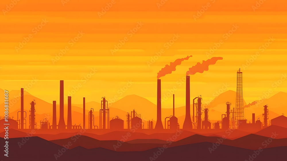 Mesmerizing Sunset Over a Vast Industrial Refinery Complex with Majestic Smokestacks. Fuel Processing Technology Concept Mesmerizing Sunset Over a Vast Industrial Refinery Complex with Majestic Smokestacks. Fuel Processing Technology Concept