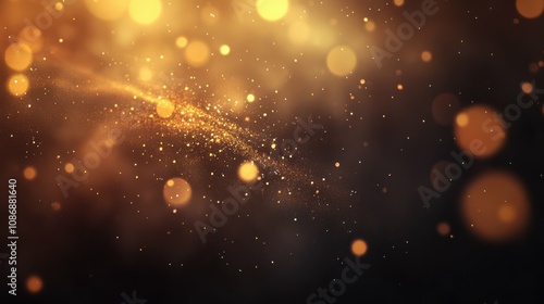 Golden glowing bokeh lights on a dark background, warm and festive, holiday atmosphere, soft and blurred, cheerful and magical ambiance