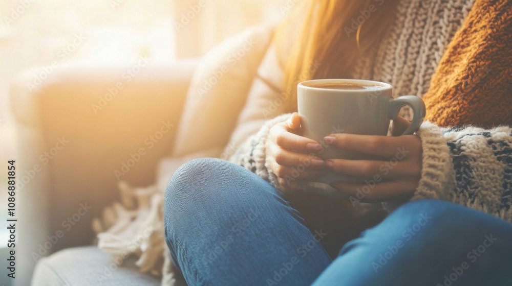 Woman sitting on a couch with a cup of coffee, cozy and relaxed, warm sunlight through the window, soft and peaceful mood, modern home. Woman sitting on a couch with a cup of coffee, cozy and relaxed, warm sunlight through the window, soft and peaceful mood, modern home.