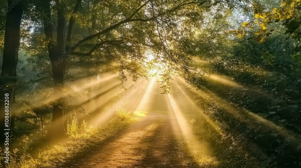Obraz premium Golden hour in a misty forest with sun rays breaking through trees