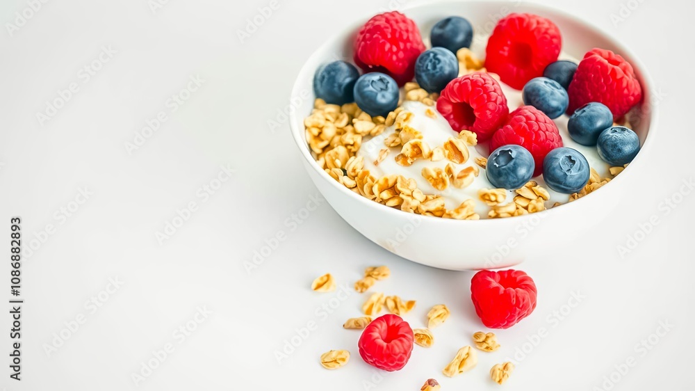 A simple and refreshing bowl of yogurt topped with granola, raspberries, and blueberries, a perfect start to the day. A simple and refreshing bowl of yogurt topped with granola, raspberries, and blueberries, a perfect start to the day.