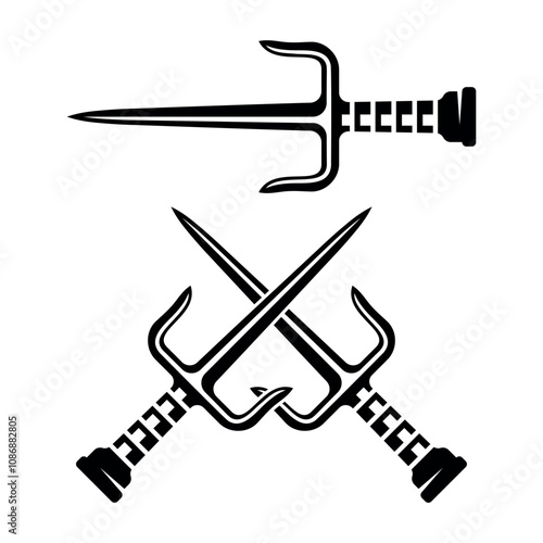 Sai knives, ninja weapon set of vector black objects isolated on white background
