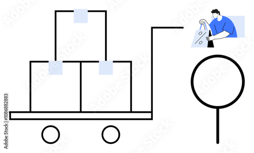 Man unloading packages from a cart with a magnifying glass. Ideal for delivery, logistics, e-commerce, shipping, inventory management, quality inspection, supply chain. Line metaphor