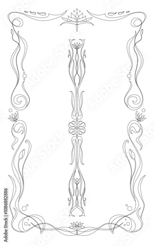 Dekorativer schwarz-weiß Vintage-Rahmen und -Rand zum selbst ausmalen. Blumenmuster für Bilder, Texte, Menü, Cover. Vektor-Design-Dekorationsmuster-Stil. Künstlerisches Randdesign im Jugendstil