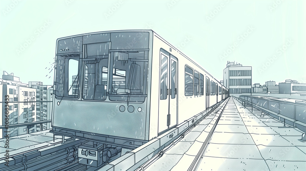 Fototapeta premium A sketch illustration of a train in a minimalist urban cityscape, featuring clean lines and soft tones.