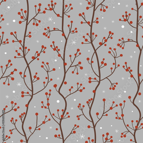 Seamless pattern with red berries branches and snowflakes. Winter background, vector illustration.