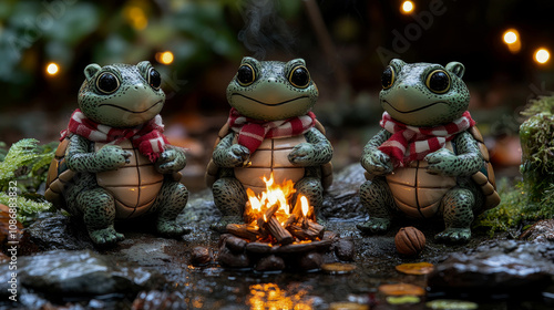 Three frog statues wear scarves as they sit by a small fire in a garden, creating a warm atmosphere with soft lighting and nature around them photo