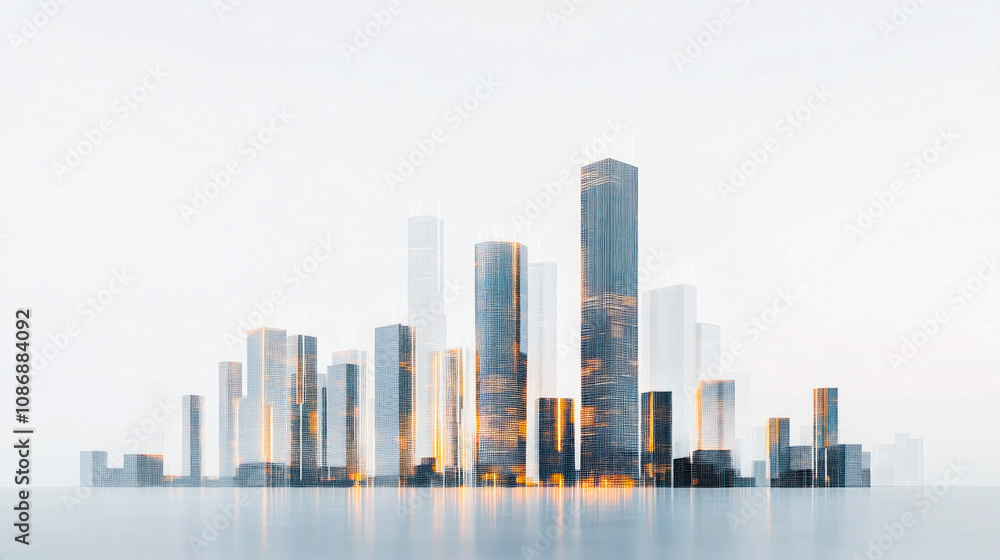 Fototapeta premium Futuristic skyline reflecting on water surface at sunrise