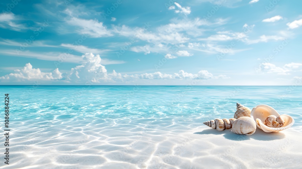 Obraz premium A Serene and Vibrant Beach Scene with Clear Blue Water, Seashells on White Sand, and Soft Clouds Enhancing the Beauty of a Perfect Coastal Day
