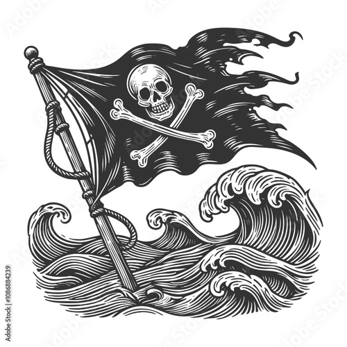 pirate flag with skull and crossbones waving over turbulent ocean waves. Stars fill the night sky sketch engraving generative ai vector illustration. Scratch board imitation. Black and white image.