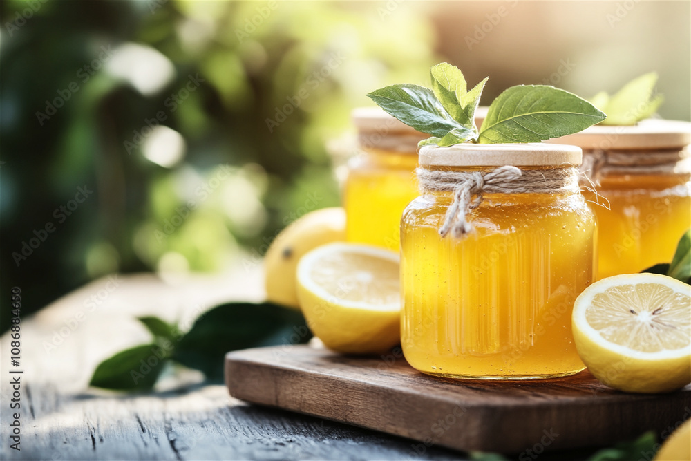 Glass jars of honey and lemon preserves on a wooden board with mint leaves, creating a rustic scene perfect for homemade goodness and natural remedies Glass jars of honey and lemon preserves on a wooden board with mint leaves, creating a rustic scene perfect for homemade goodness and natural remedies