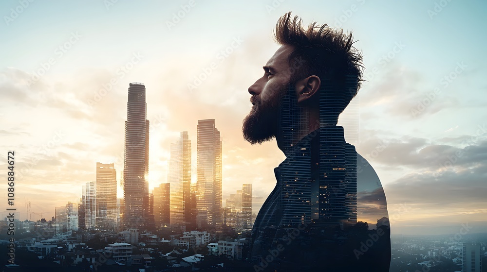 Fototapeta premium Thoughtful Man Gazing Towards Distant City Skyline at Sunset, Reflecting on Life’s Journey and Future Possibilities While Surrounded by Urban Beauty