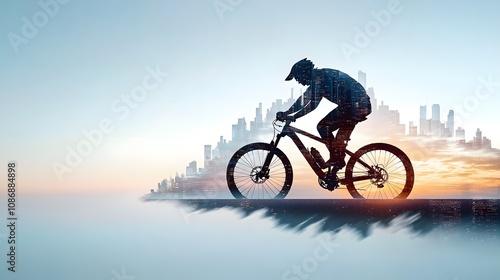 Double Exposure Image of a Cyclist Pedaling Against a City Skyline with a Beautiful Sunset Glow in the Background