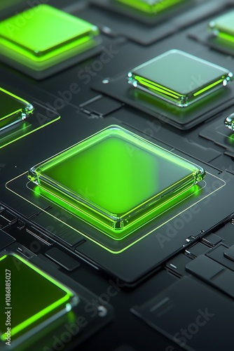 Wallpaper Mural Abstract close-up of a modern technology background featuring glowing green squares on a black circuit board, symbolizing digital innovation and advancement in electronics. Torontodigital.ca
