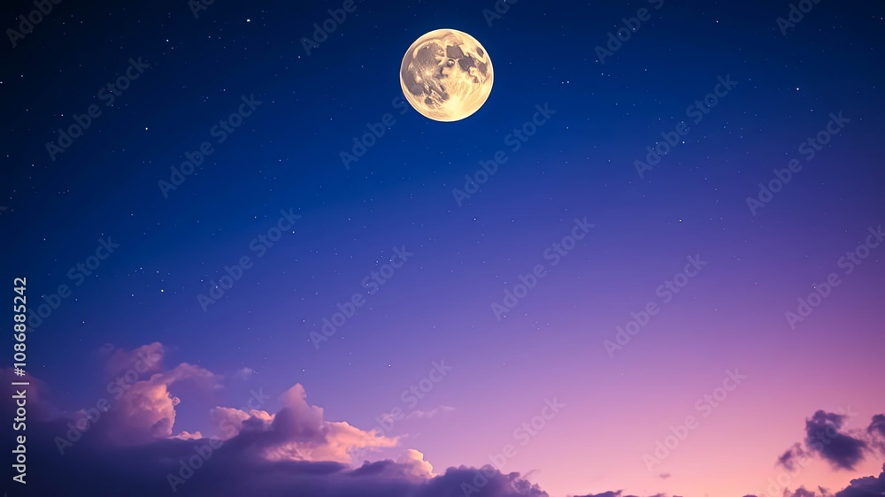 A full moon hangs in a night sky speckled with stars, while soft clouds drift below, creating a serene and dreamy atmosphere. A full moon hangs in a night sky speckled with stars, while soft clouds drift below, creating a serene and dreamy atmosphere.